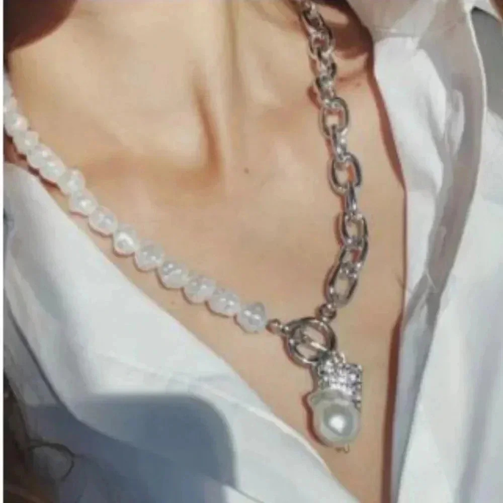 Pearl Nugget Chain Link Silver Tone Necklace